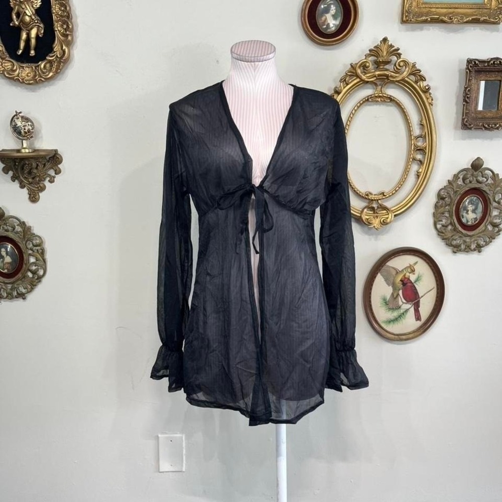 Vintage Cheryl Creations Black Sheer Tie Front Blouse Size M Y2K Lingerie Top